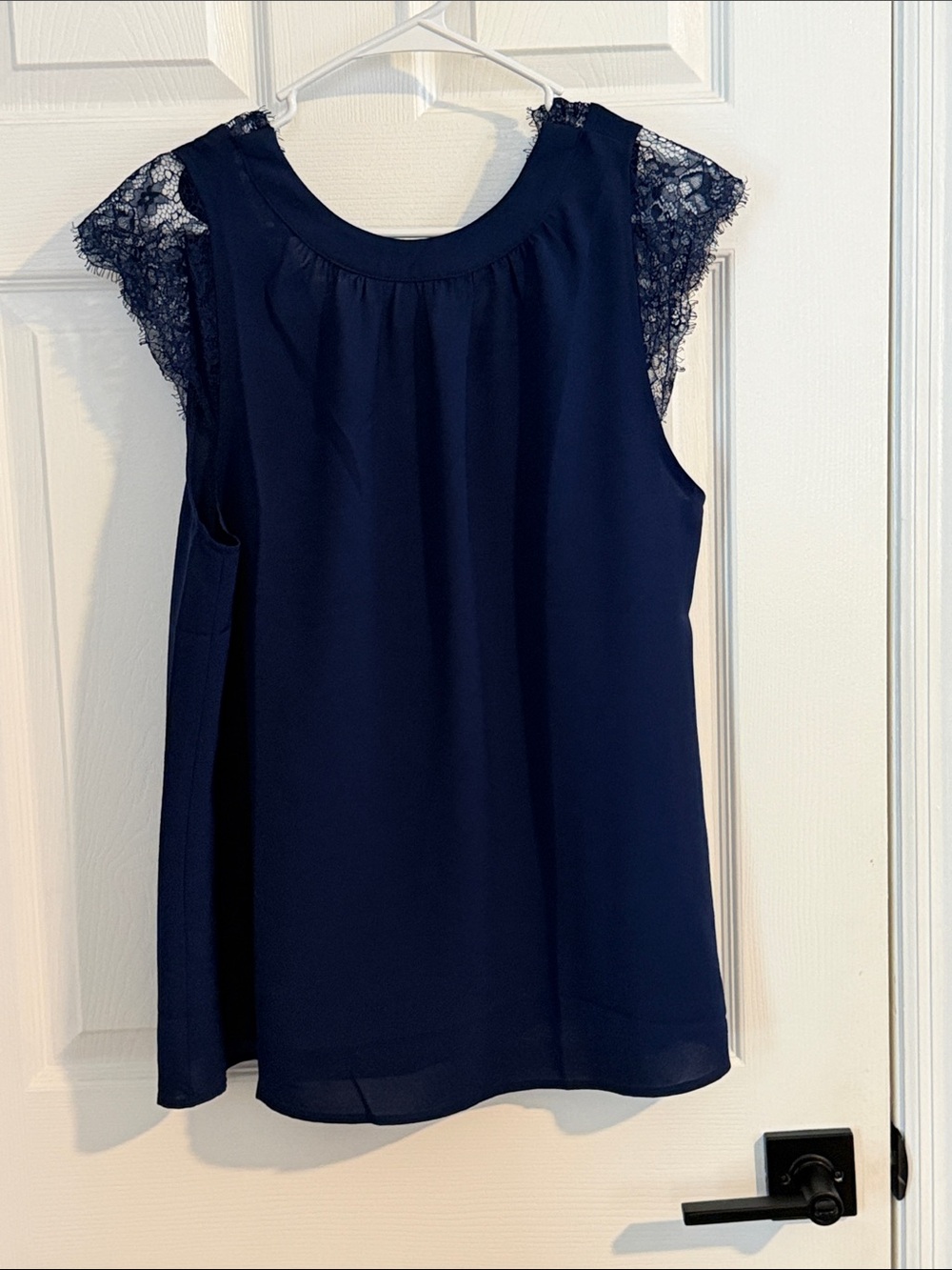 Navy Lace Cap-Sleeve Blouse